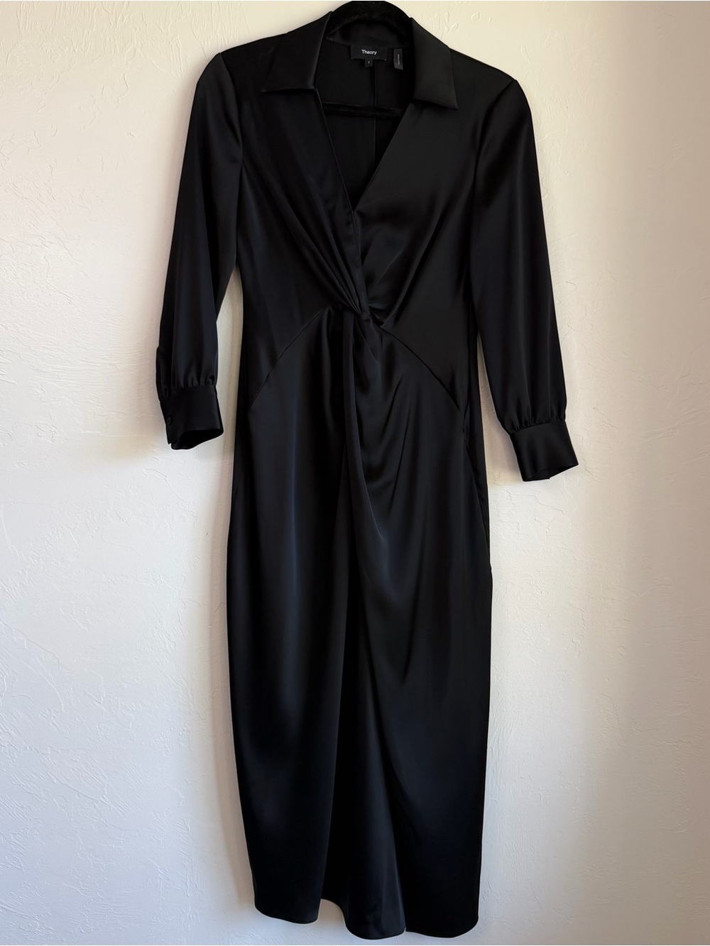 Theory Black Satin Midi Twist Dress size 2 - Picture 3 of 5